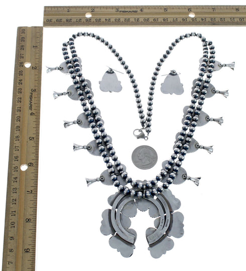 Navajo Genuine Sterling Silver White Buffalo Turquoise Squash Blossom Necklace Set JX127024
